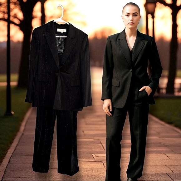 Elegant Tahari ASL Size 12 Petite Black Silver Lurex Pinstripes Dressy Pantsuit - Picture 9 of 16